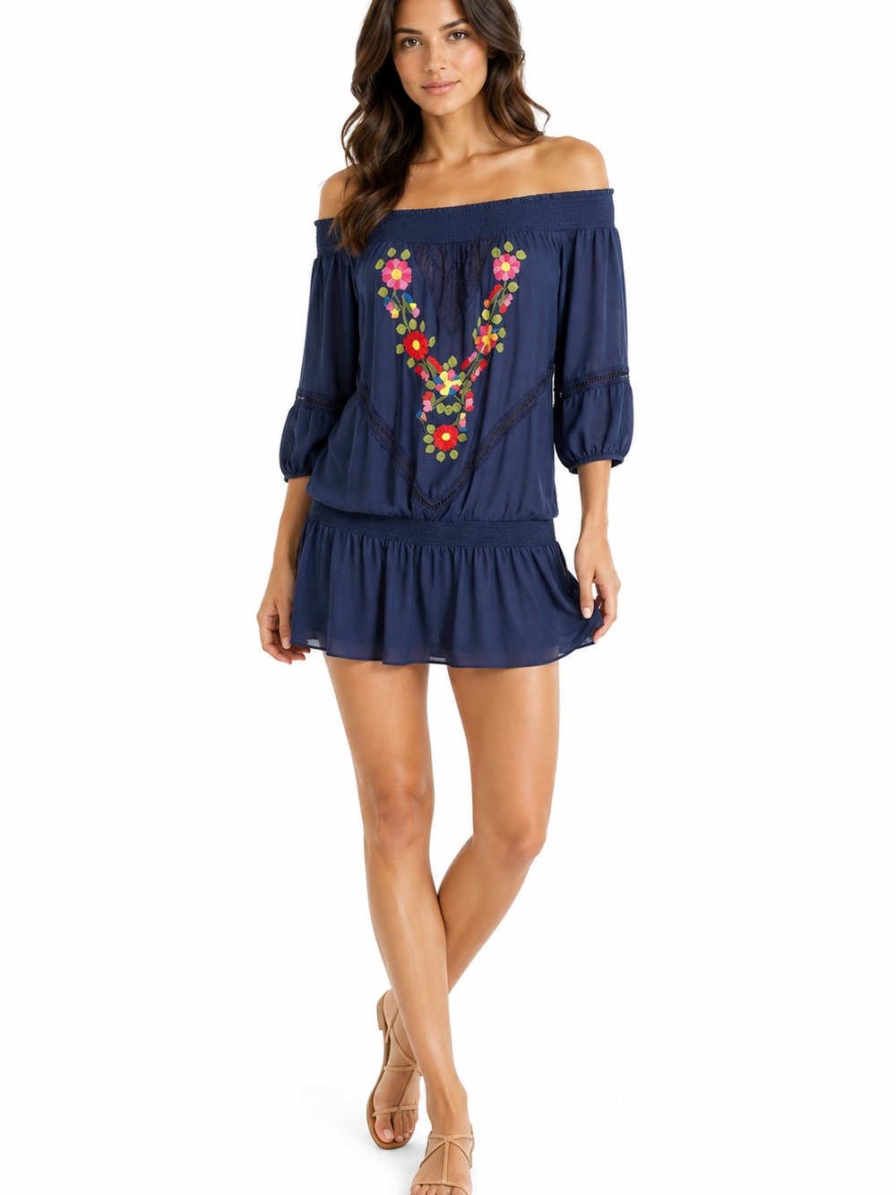 Vava by Joy Han Blue Tunic Dress with Floral Embroidery